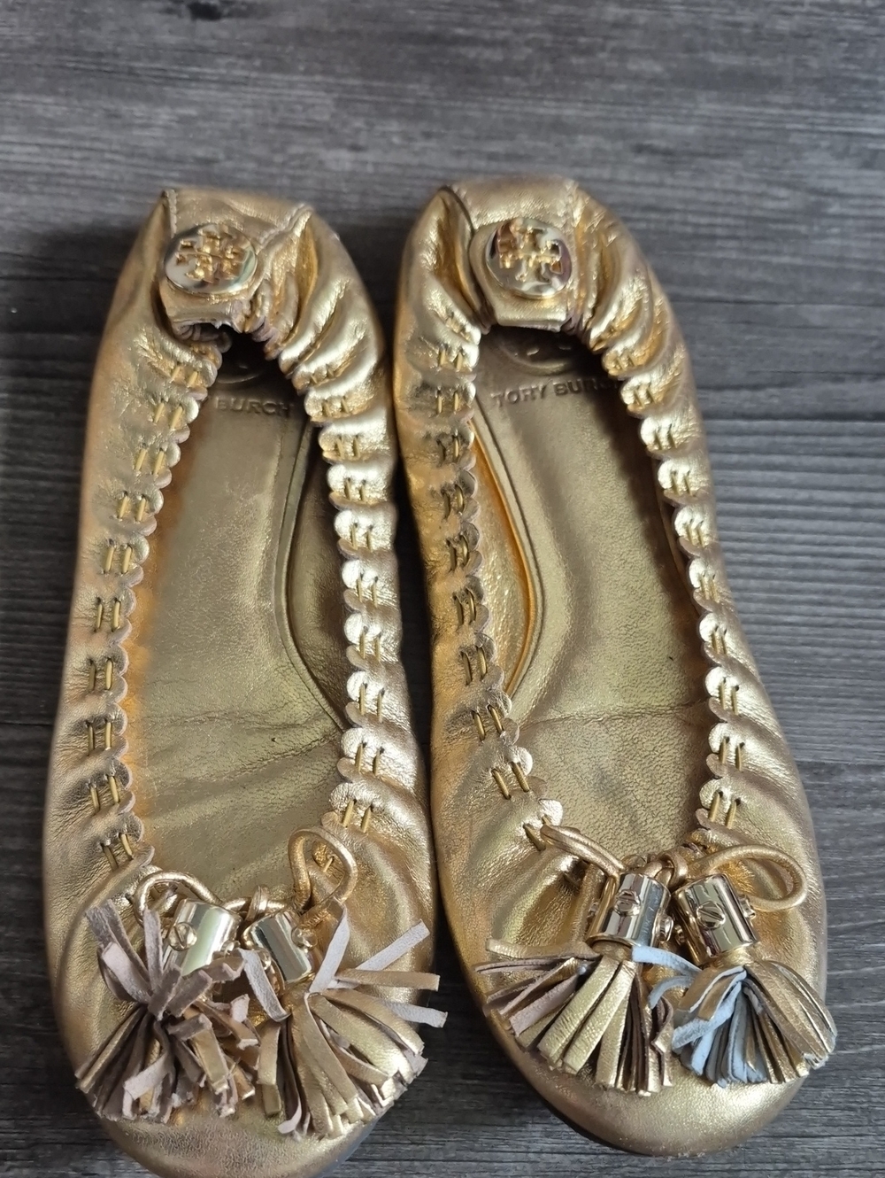 Tory Burch Gold Metallic Leather Ballet Flats with Tassels
